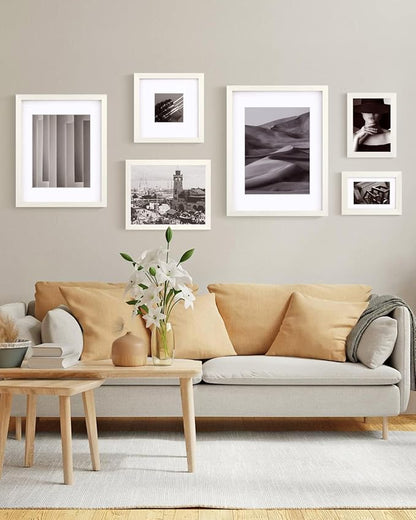 Egofine 8x8 Picture Frames Made of Solid Wood with Plexiglass, Display Pictures 4x4/6x6 with Mat or 8x8 Without Mat Set of 4 for Tabletop and Wall Mounting, Beige