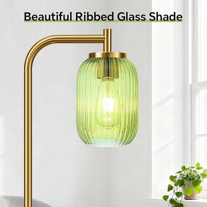 Vintage Glass Floor Lamp for Living Room, Bedroom, Modern Green Ribbed Glass Standing Lamp with Pedal Switch, 67'' Tall, Brushed Gold