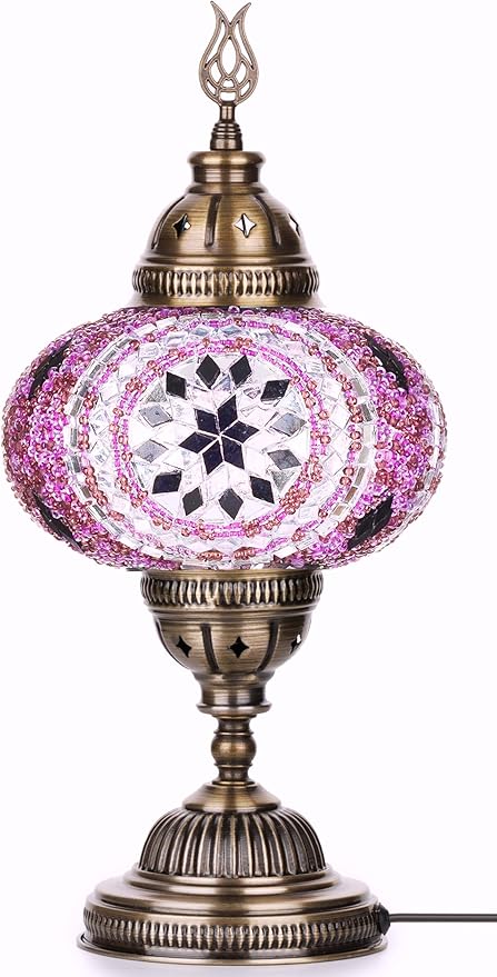 DEMMEX – 7" Large Globe Turkish Moroccan Mosaic Table Lamp, Handcrafted Tiffany-Style Colorful Glass Bedside, Desk & Table Light, Artisan Decor for Living Room or Bedroom, 14" H (Lilac)