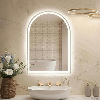 DUMOS 28"×36" LED Bathroom Mirror with Lights, Arched Vanity Mirror with Anti-Fog, Dimmable, 3-Color Light, Memory Function, Front Light and Backlit, Tempered Glass