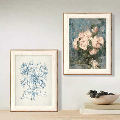 ASTRDECOR Framed Vintage Wall Art for Living Room, Vintage Floral Home Decor Aesthetic, Victorian Pink Rose Bouquet Oil Painting Blue Canvas Wall Art Prints, Antique Flower Pictures Blue Artwork for Living Room-12''x16''
