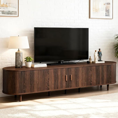 80" Mid Century Modern TV Stand, Wood TV Consoles with Sliding Doors and Power Outlet, Entertainment Center with Adjustable Shelves, Fluted TV Stands for Living Room, Walnut
