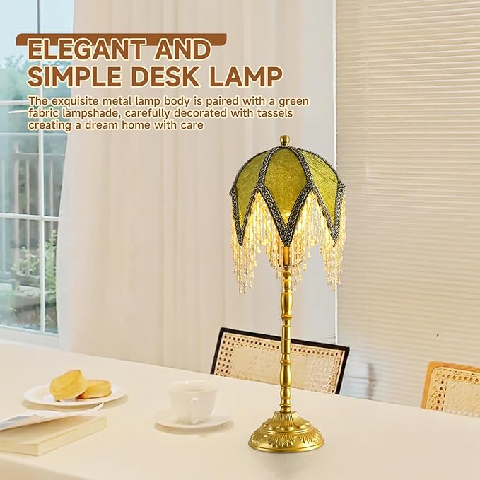 Vintage Tasselled Table Lamp with Beaded Shade, 3 Color Temperatures, Green and Gold, Victorian Style-C