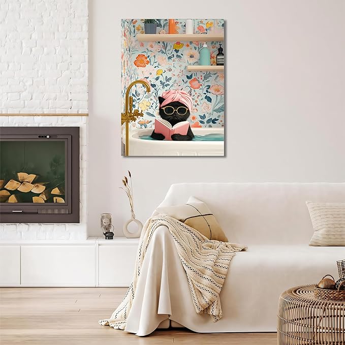 Funny Black Cat Bathroom Wall Art, Bathroom Animal Pictures Canvas Prints, Framed Cute Cat Posters Wall Decor for Living Room Bedroom Toilet Kids Room Wall Paintings 12X16 inch