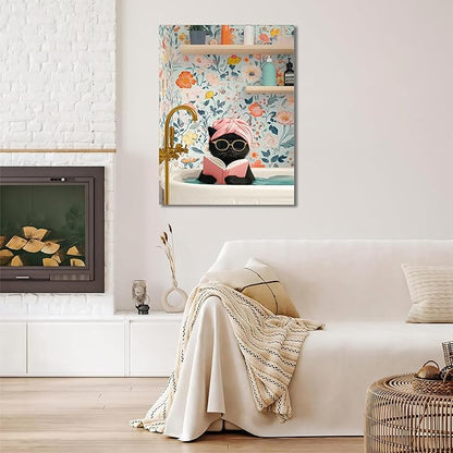 Funny Black Cat Bathroom Wall Art, Bathroom Animal Pictures Canvas Prints, Framed Cute Cat Posters Wall Decor for Living Room Bedroom Toilet Kids Room Wall Paintings 12X16 inch