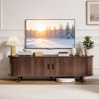 58" Mid Century Modern TV Stand, Wood TV Consoles with Sliding Doors and Power Outlet, Entertainment Center with Adjustable Shelves, Fluted TV Stands for Living Room, Walnut