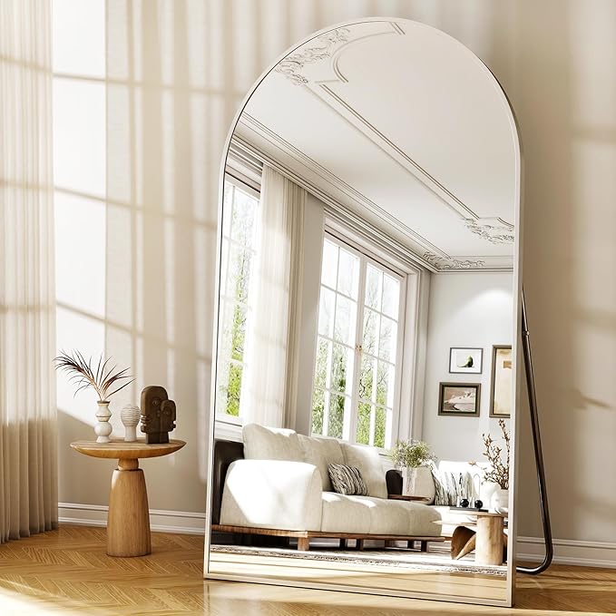 Easly 46"x76" Arched Full-Length Mirror, Oversized Floor Mirror with Stand, Freestanding or Wall-Mounted Full Body Mirror for Living Room, Bedroom, or Cloakroom, Silver