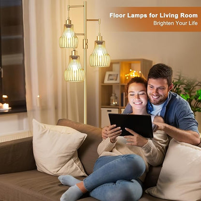 Ziisee Dimmable Gold Floor Lamps for Living Room, 70" Farmhouse Tree Standing Tall Lamps with 3 Elegant Cage Shade & 800 Lumens LED Bulbs for Bedroom Office