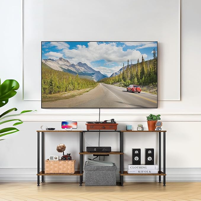 OYEAL Small TV Stand for Bedroom up to 50 inch Farmhouse TV Media Entertainment Center with Power Outlets & Storage Shelf Rustic TV Console Table for Living Room, Rustic Brown