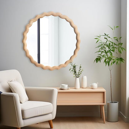 Irregular Wall Mirror,Wood Round Farmhouse Mirror Unique Vanity Mirror,36" Nature Wooden Modern Bathroom Mirror for Washroom Living Room Bedroom
