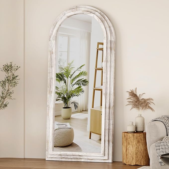 ZHUNFA External Three-Layer Arched Full Length Mirror with Solid Wood Frame,65x22 Modern Farmhouse Decor Standing Mirror Full Length,Wall Mounted,Leaning,Standing for Bedroom,Living Room,White.