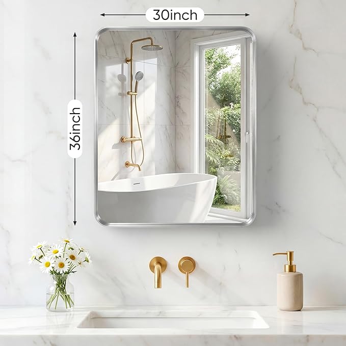 NEWBULIG 30X36 Inch Bathroom Mirror for Over Sink, Wall Vanity Mirrors Tempered Glass, Anti-Rust Metal Framed Rounded Rectangle, Hangs Horizontally or Vertically, Farmhouse Home Decor, Silvery