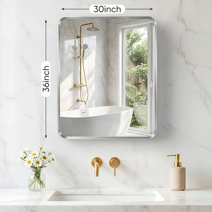 NEWBULIG 30X36 Inch Bathroom Mirror for Over Sink, Wall Vanity Mirrors Tempered Glass, Anti-Rust Metal Framed Rounded Rectangle, Hangs Horizontally or Vertically, Farmhouse Home Decor, Silvery