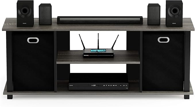 FURINNO Econ Entertainment Center, French Oak Grey/Black/Black