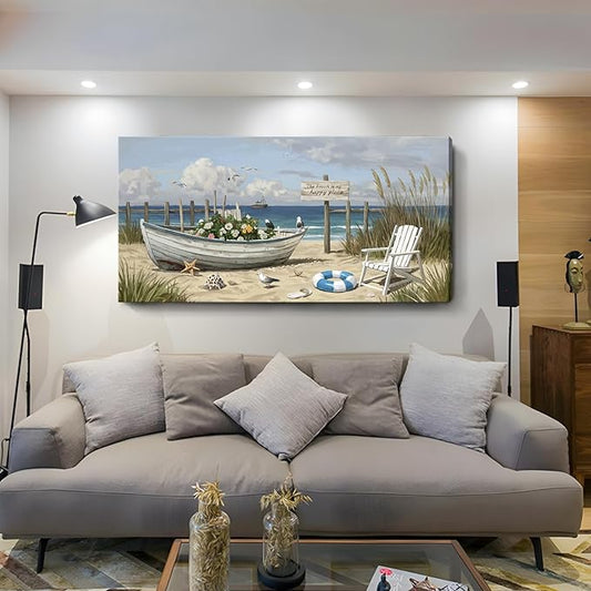 Large Seaside Wall Art, Modern Natural Canvas Wall Decor. Floral Coastal Boat Landscape Print Picture, Romantic Coastal Artwork For Living Room, Bedroom, Bathroom, Kitchen, And Study. 48X24 Inches.