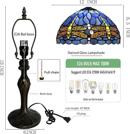 Tiffany Lamp Stained Glass Table Lamp 12 x 19” Bedside Reading Lamp Blue Dragonfly Style Decorative Lamp for Desk Living Room Bedroom Office Study Light Decor Gift