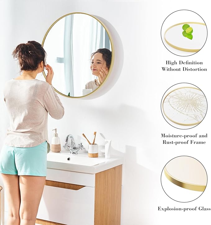 NEWBULIG Round Bathroom Mirror for Over Sink, 36 Inch Wall Mount Vanity Circle Mirror with Matte Metal Framed, Decor for Bathroom, Entryway, Bedroom, Gold