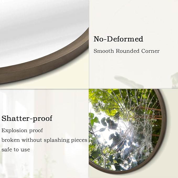 Wall Mirror Small Round Bathroom Mirror Metal Brushed Framed Rounded Corner Ative Hanging Mirror for Living Room Bedroom Entryway Farmhouse Caffee