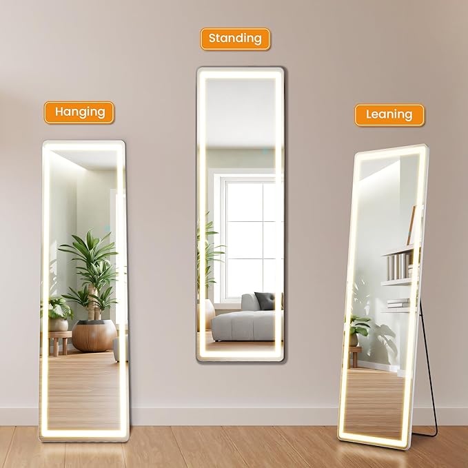 Full Length Mirror with Stand 16"×60", Upgraded Full Body Mirrors with LED Light 3 Color Lighting, Floor Standing, Hanging or Leaning Modern Simple Home Wall Decor, White