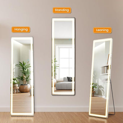 Full Length Mirror with Stand 16"×60", Upgraded Full Body Mirrors with LED Light 3 Color Lighting, Floor Standing, Hanging or Leaning Modern Simple Home Wall Decor, White