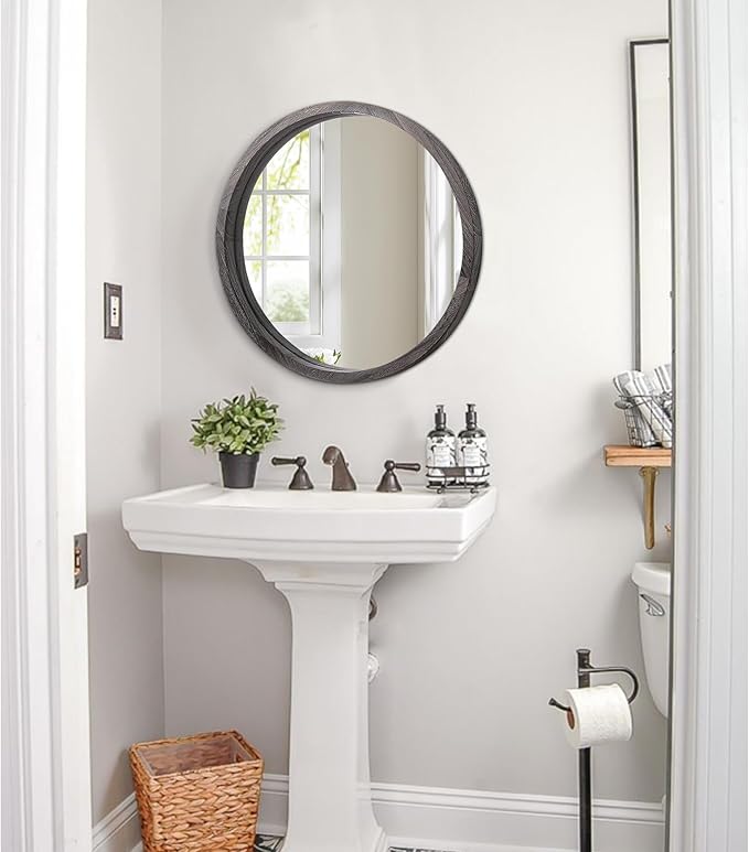 JJUUYOU Circle Wall Mirror 16 Inch Wooden Round Wall Mirror for Bathroom Vanity Gray Circular Mirror Washroom Wall Mounted Wood Frame Make up Mirror for Living Room Bedroom Dorm