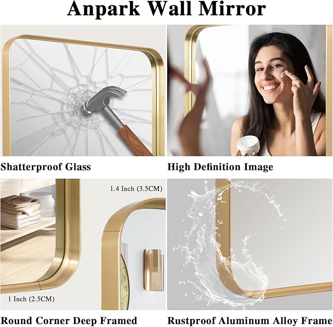 Anpark Wall Mirror 30" x 40" for Bathroom Gold Metal Deep Frame Rectangular Round Corner Wall Mounted Vanity Mirror for Bedroom Living Room Entryway Wall Decor