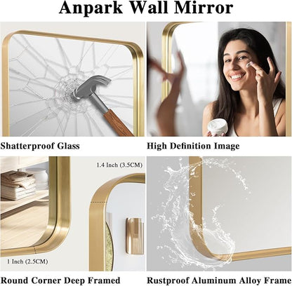 Anpark Wall Mirror 22" x 30" for Bathroom, Gold Metal Deep Frame, Rectangular Round Corner, Mounted Vanity Mirror for Bedroom, Living Room, Entryway Decor