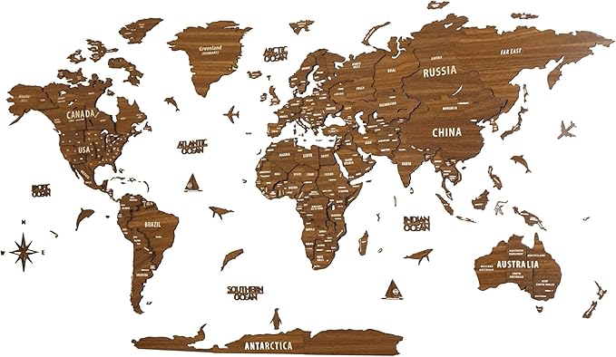 Colorfull Worlds, Multilayer 3D Wooden World Map, Travel Map States and Capitals, Wall Decor For New House, Gift For Travelers, Office Decor, Birthday Present, Living Room Decoration (M, Light Brown)