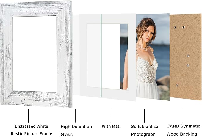iRahmen 5x7 Picture Frame Set of 2, Distressed White Wood with Glass Photo Frame - Display Pictures 4x6 with Mat or 5 x 7 without Mat for Horizontal or Vertical Table top and Wall Mounting