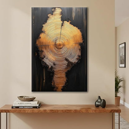 IBHJSART Framed Tree Ring Canvas Wall Art Black And Gold Wall Art Prints Modern Minimalist Pictures Neutral Nature Rustic Farmhouse Decor Living Room Bedroom Bathroom Office.