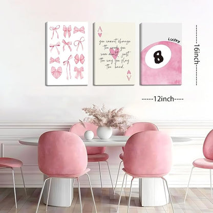 Trendy Pink Bows Canvas Wall Art Set of 3, Vintage Preppy Lucky 8 Ball Wall Decor, Pink Girly Room Aesthetic Posters Prints Painting for College Apartment Living Room Bedroom Framed 12x16 In