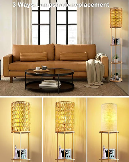 Lightdot 61" Rattan Floor Lamp with Shelves, 3-Tier Storage Shelves with 3000K Bulb Included, Solid Wood Design, Corner Bookshelf Floor Lamps for Living Room/Sofa Beside/Corner Decor-Gold