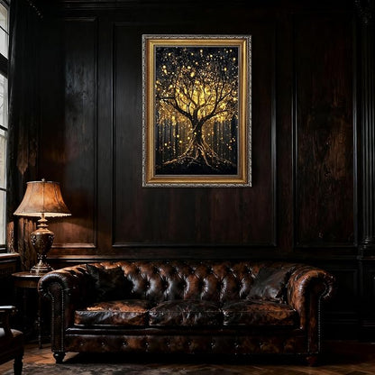 Balsuka Golden Tree of Life Wall Art Dark Academia Decor Poster Mystical Nature Forest Landscape Canvas Print Moody Botanical Enchanted Tree Painting for Living Room Bedroom 24x36inch Vintage Framed