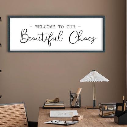 FZMHASLWW Welcome To Our Beautiful Chaos Sign Wall Decor 32"×12" Family Wooden Plaque for Living Room Entryway Hanging Wall Art (Black)