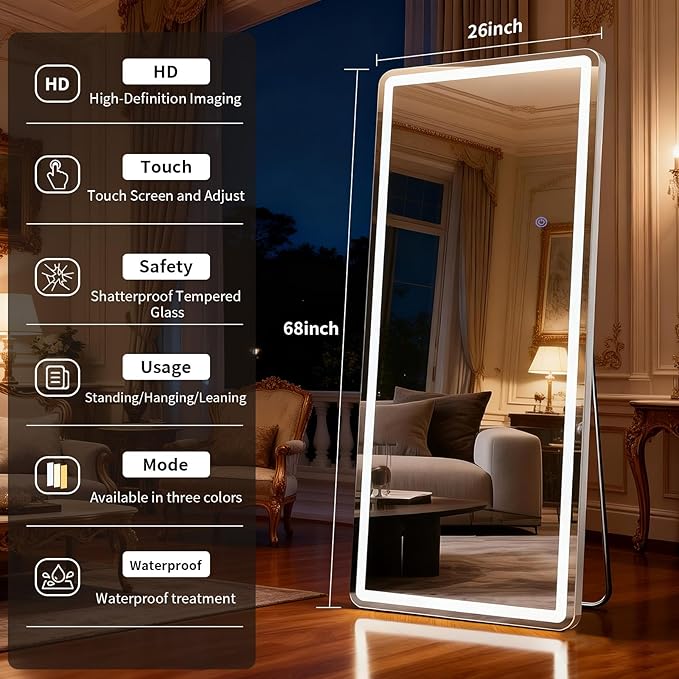 LED Full Length Mirror Floor Mirrors with Dimming &3 Color Lighting 26 x 68 Inch LED Mirrors Full Body with Stand for Bedroom Dressing Room Rect