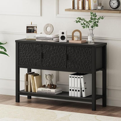 FATORRI Black Console Table with Storage, 47” Modern Farmhouse Entryway Table with 3 Doors, Sofa Table for Hallway, Living Room, Foyer