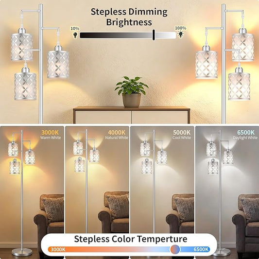 Dimmable Floor Lamp, Farmhouse Standing Lamp with Elegant Metal Cage, Industrial Tall Tree Floor Lamps for Living Room, Bedroom, Study Room, Office, 3 x 800LM LED Bulbs Included, 72",Silver