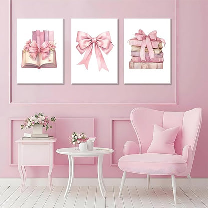 JBZZD Coquette Pink Bow Canvas Wall Art Set of 3,Book Lovers Gifts Preppy Decor Trendy Pink book Posters Pictures Prints Aesthetic for Girls Room College Apartment Living Room Bedroom Framed 12x16 In