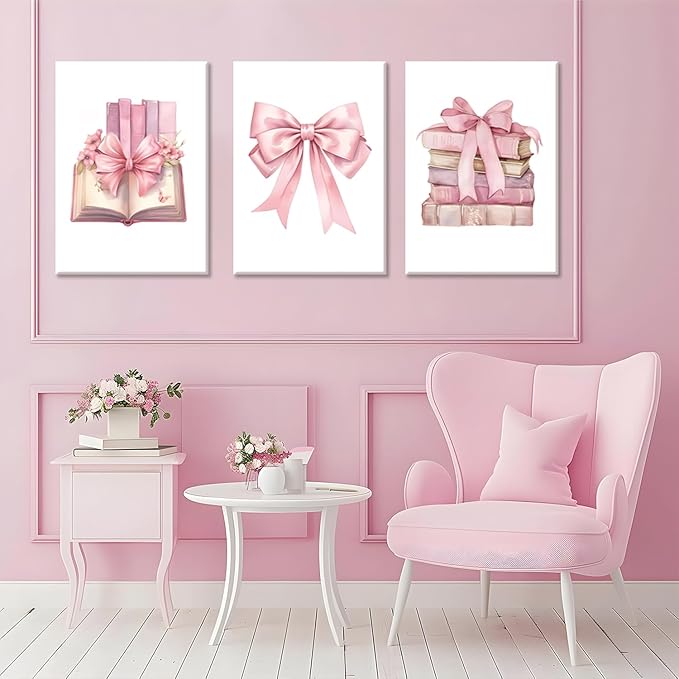 JBZZD Coquette Pink Bow Canvas Wall Art Set of 3,Book Lovers Gifts Preppy Decor Trendy Pink book Posters Pictures Prints Aesthetic for Girls Room College Apartment Living Room Bedroom Framed 16x24 In