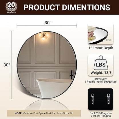 ANDY STAR Round Wall Mirror for Bathroom, 30 Inch Black Circle Mirror Modern Premium Stainless Steel Metal Frame Wall Mounted for Bathroom, Entryway, Vanity, Living Room, Bedroom