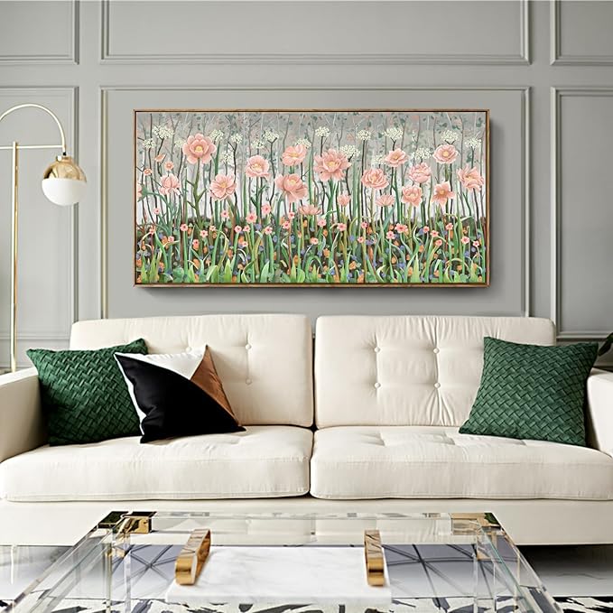 Large Framed Country Living Room Wall Art, Modern Pink And Green Wildflower Canvas Artwork, Natural And Idyllic Landscape Print Picture For Bedrooms, Dining Rooms, Offices, And Studies. 48X24 Inches.