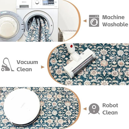 6x9 Area Rugs Green Washable Rug for Living Room, Dining Room, Bedroom, Large Carpets, Non Slip & Non-Shedding Low Pile Vintage Print Rug for Home Office Decor