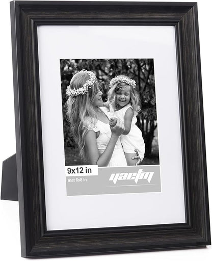 Yaetm 9x12 Picture Frame Matted to 6x8 Set of 4, 1.4” Wide Molding & Distressed Black Photo Frames 9 x 12 with Tempered Glass, Display on Tabletop & Wall Mounting (4 pack, Black)