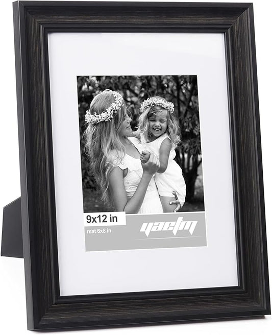 Yaetm 9x12 Picture Frame Matted to 6x8 Set of 4, 1.4” Wide Molding & Distressed Black Photo Frames 9 x 12 with Tempered Glass, Display on Tabletop & Wall Mounting (4 pack, Black)