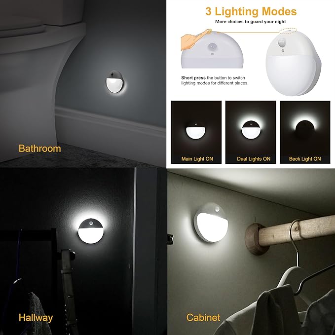 YUNLEX 6 Pack Battery Night Light, Toilet Lights, 2.6" Small Motion Senor Light, Stick on Lights, 3 Light Modes, Dimmable LED Nightlight for Closet, Stairs, Garage, Cabinet, Toliet, Daylight White