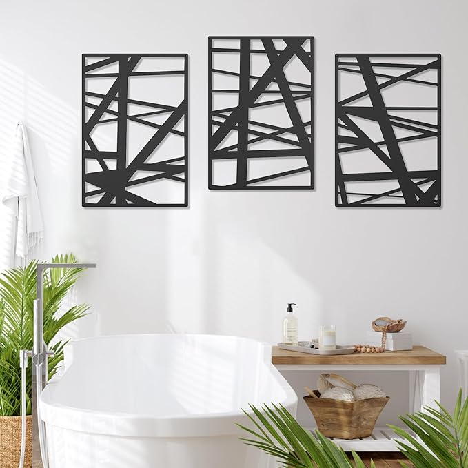 DAYSUP 3 Pieces Black Abstract Metal Wall Art, Minimalist Décor Single Line Art Wall Décor, 3D Textured Metal Wall Sculptures for Living Room Home Decor Bedroom Bathroom Study (16 × 11 inch)