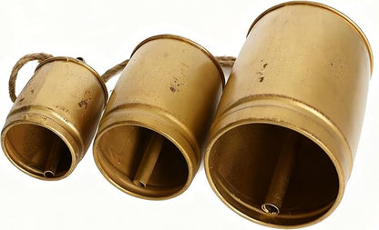 Vintage Gold Metal Cow Bells Set of 3 Handcrafted Hanging Bells with Jute Rope Rustic Farmhouse Distressed Bells for Porch Wreaths Walls & Year-Round Ranch Décor