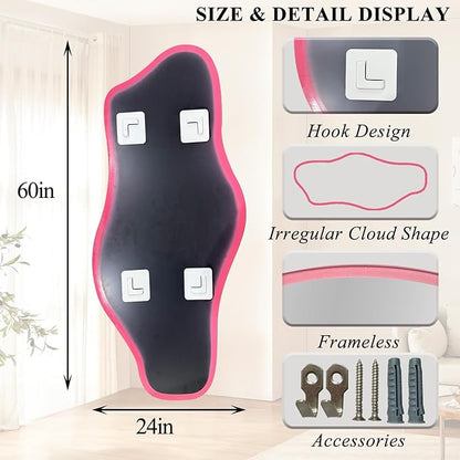 Large Irregular Mirror, 60"x24" Pink Asymmetrical Tempered Glass Mirror, Modern Organic Shape Frameless Mirrors for Living Room Bedroom Hallway Entryway, Horizontal or Vertical Hanging
