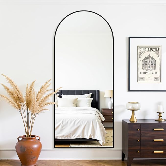 71"×28" Arched Full Length Floor Mirror, Standing Mirror with Aluminum Frame, Large Body Mirror of Free Standing/Wall Mount/Leaning for Bedroom, Living Room, Dressing Room, Black