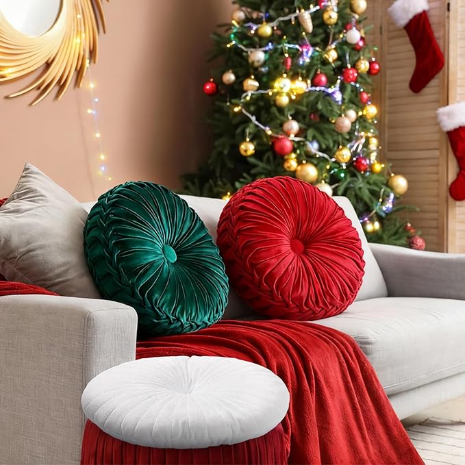 Beeveer 3 Pcs Round Throw Velvet Pillows Classy Accent Pumpkin Throw Pillows 15 Inch Decorative Cushion for Couch Chair Bed Car, 2 Styles(Red, Green, White)